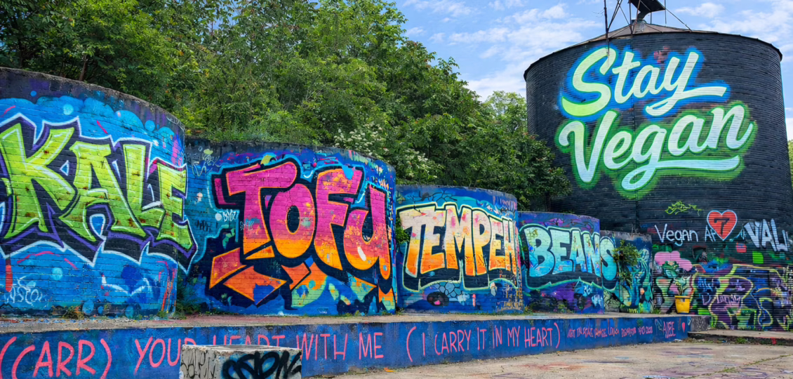Colorful vegan street art mural in Asheville featuring Kale, Tofu, Tempeh, Beans and a Stay Vegan silo